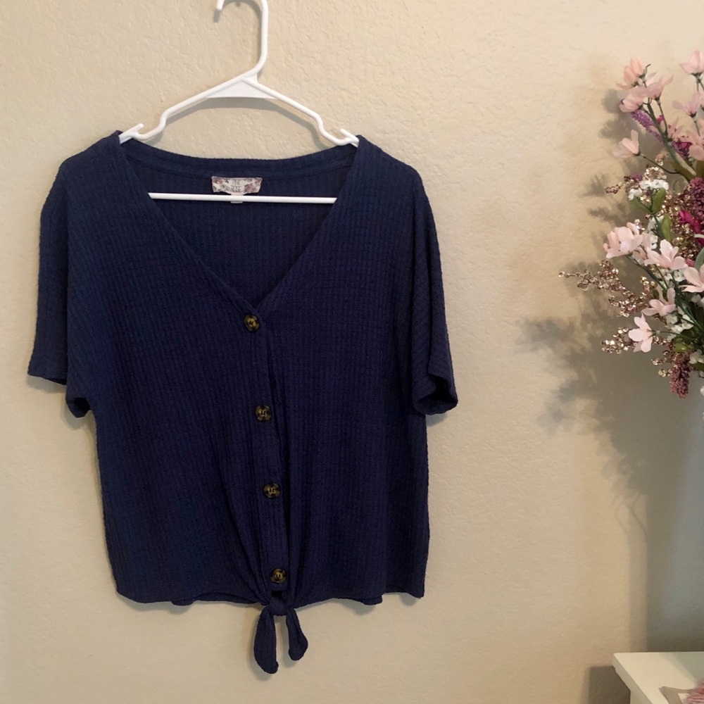 Pink Rose Navy Blue Short Sleeve Tie Front Top